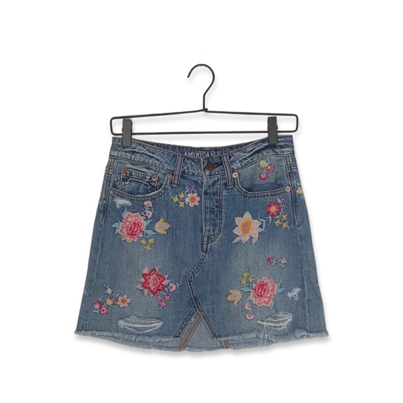 American Eagle Outfitters Dresses & Skirts - American Eagle Outfitters Distressed Denim Mini Skirt with Floral Embroidery